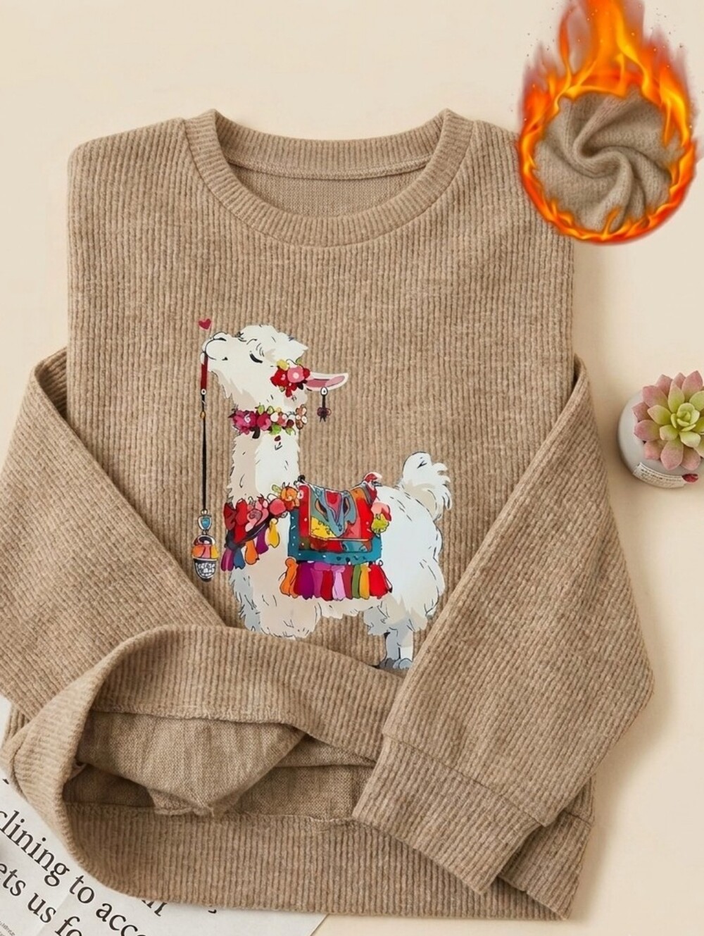 Unique Llama/Alpaca Motif Sweater, Boho Casual Pullover, Khaki, Size S